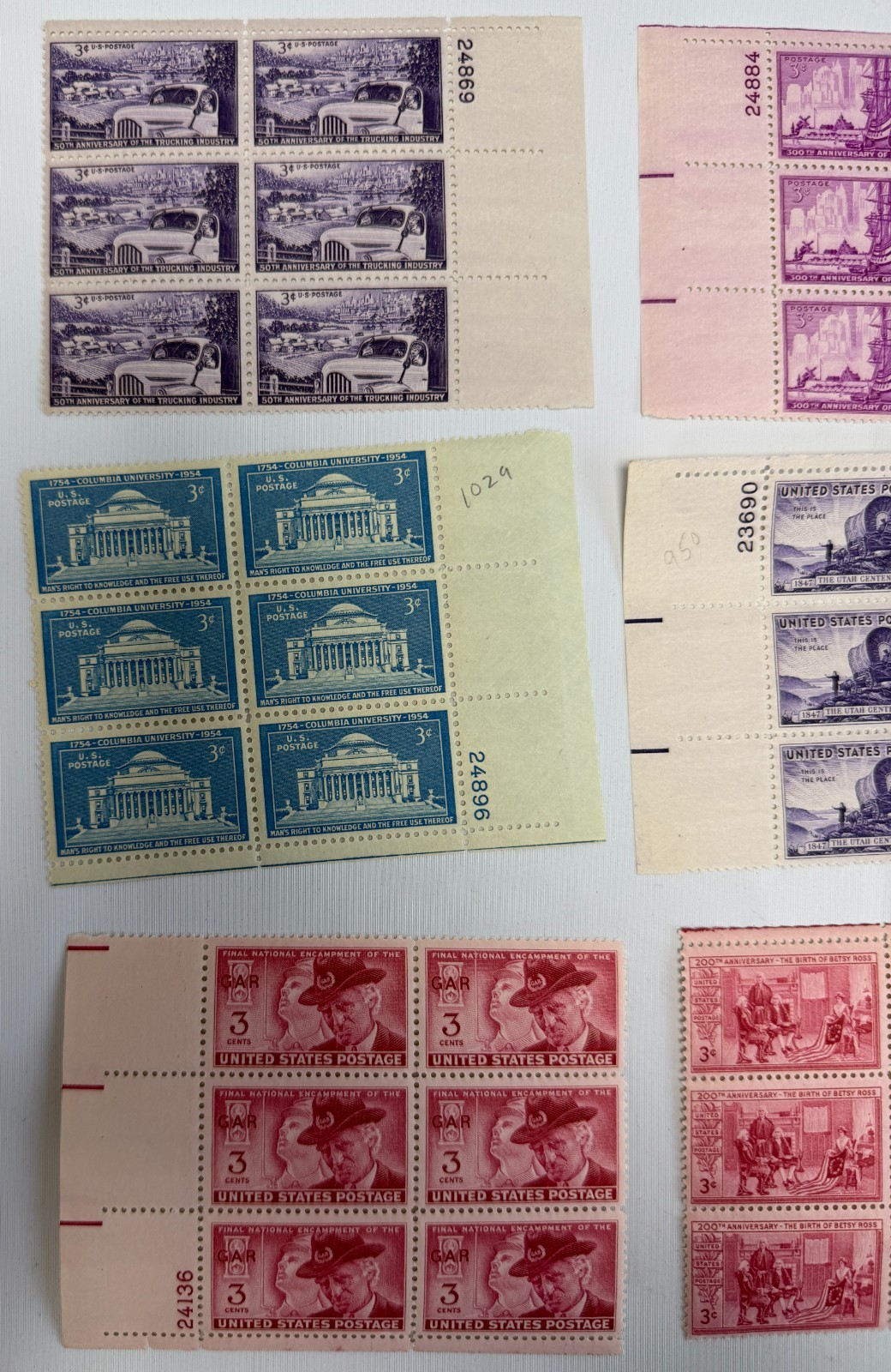 US Commemorative Plate Block Collection 1947-1954 MNH Americana History Scouts