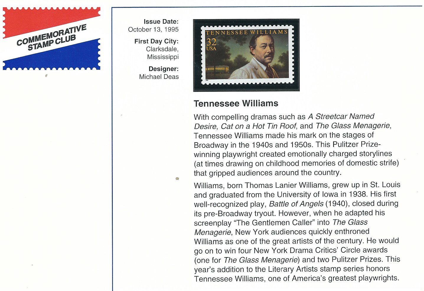 Scott # 3002… 32 Cent…Tennessee Williams + Postal History