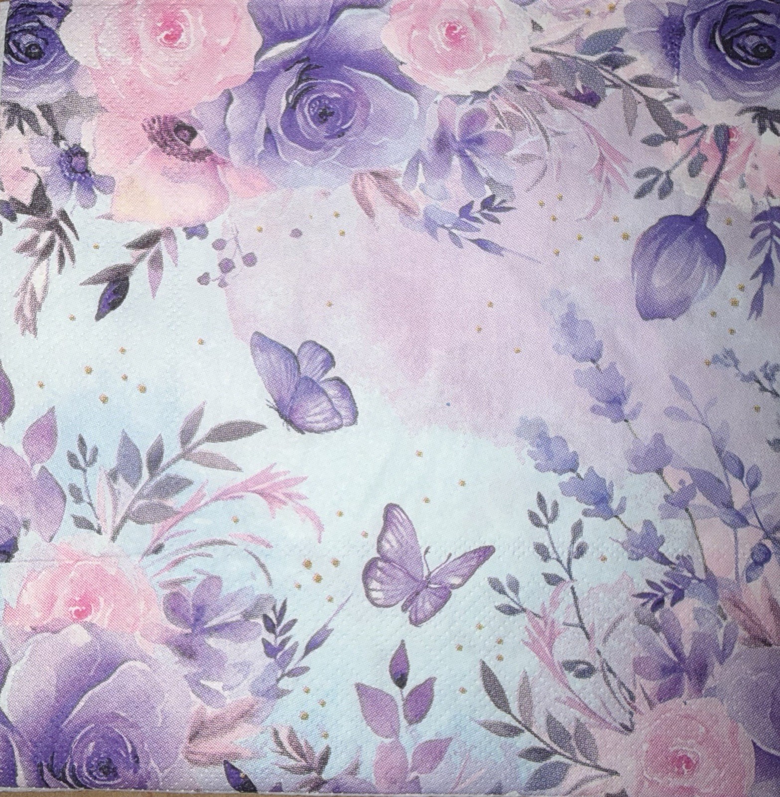 TWO LUNCHEON Decoupage Napkin Butterfly Watercolor Pink Purple Flowers/ 6.5”