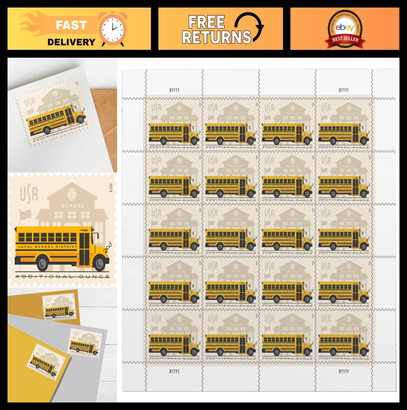 “School Bus Postage Stamps – 20 Count Sheet for Students, Teachers, Celebrations
