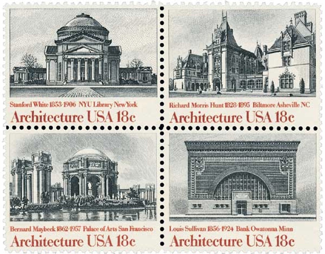 United States 18¢ American Architecture Postage Stamp #1928-31 x 100 singles