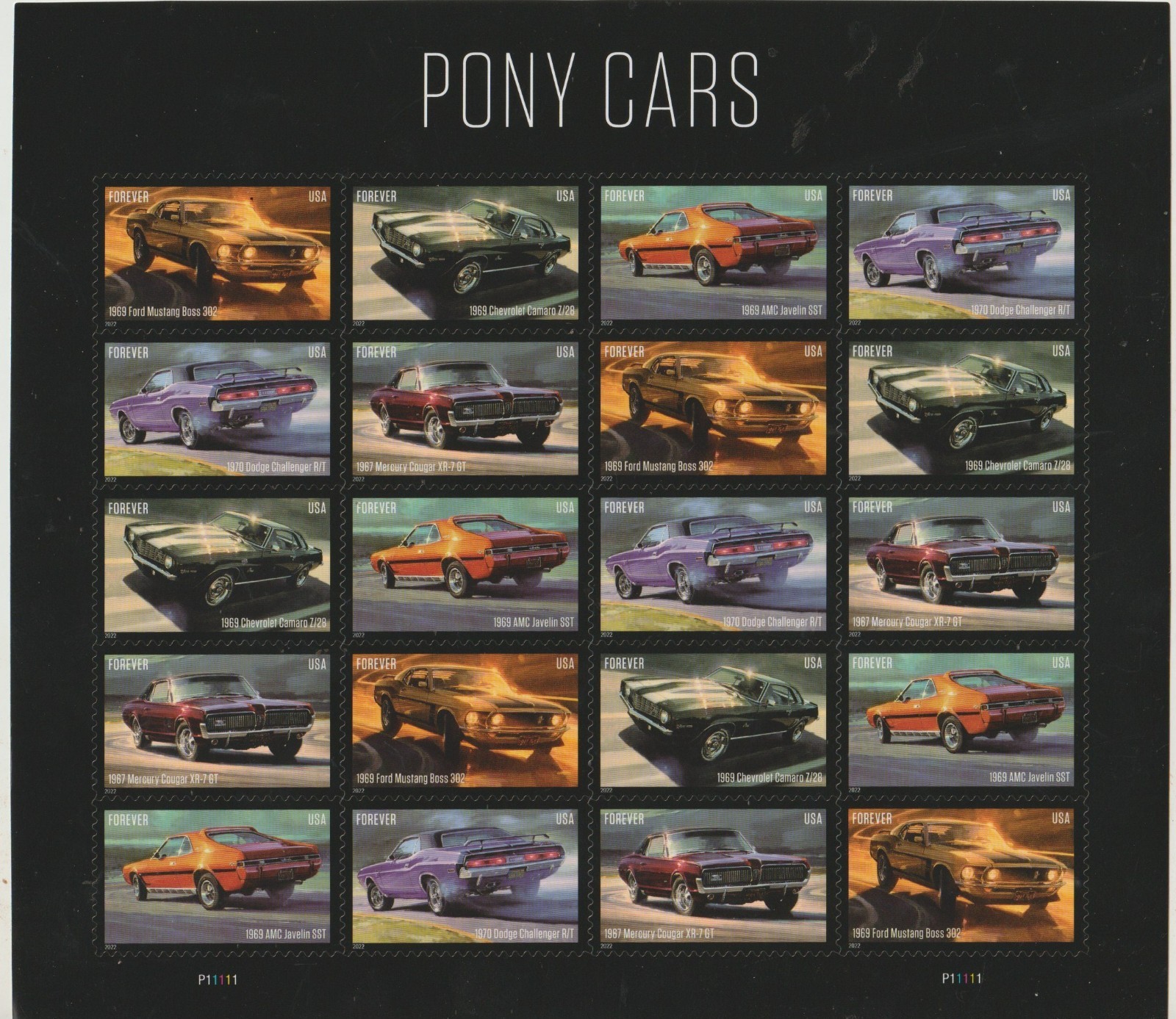 USPS Pony Cars, Sheet of 20 First Class Peel and Stick Stamps Sent from OKC, OK