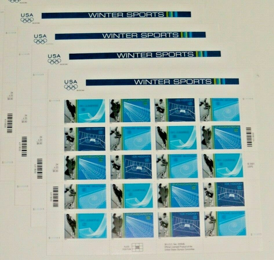 Four x 20 = 80 of Olympics WINTER SPORTS 34¢ US Postage Stamps. USA Sc 3552-3555
