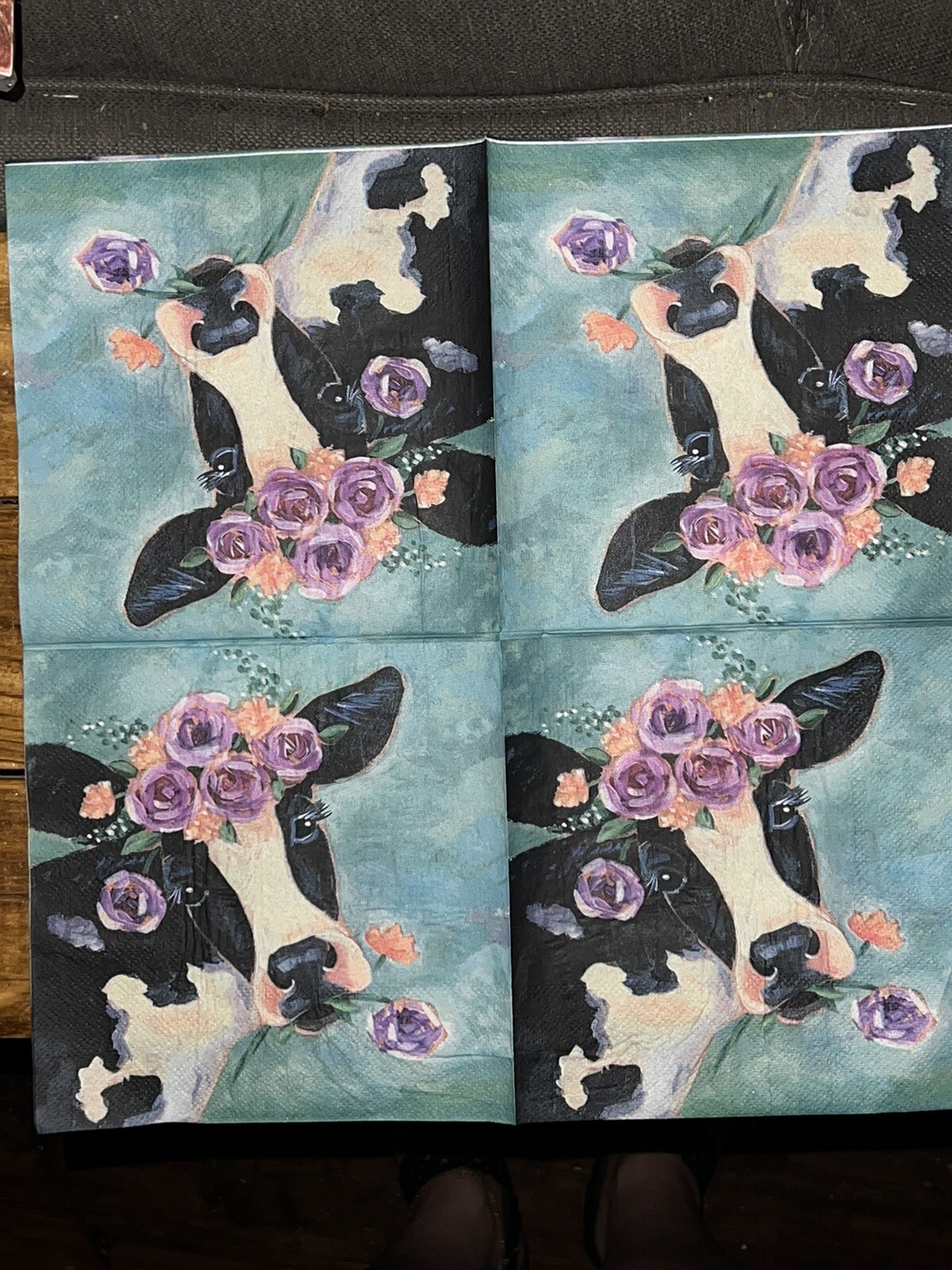 Two Paper Lunch Napkins/Decoupage/Art/Turquoise/highland Cow W/flowers