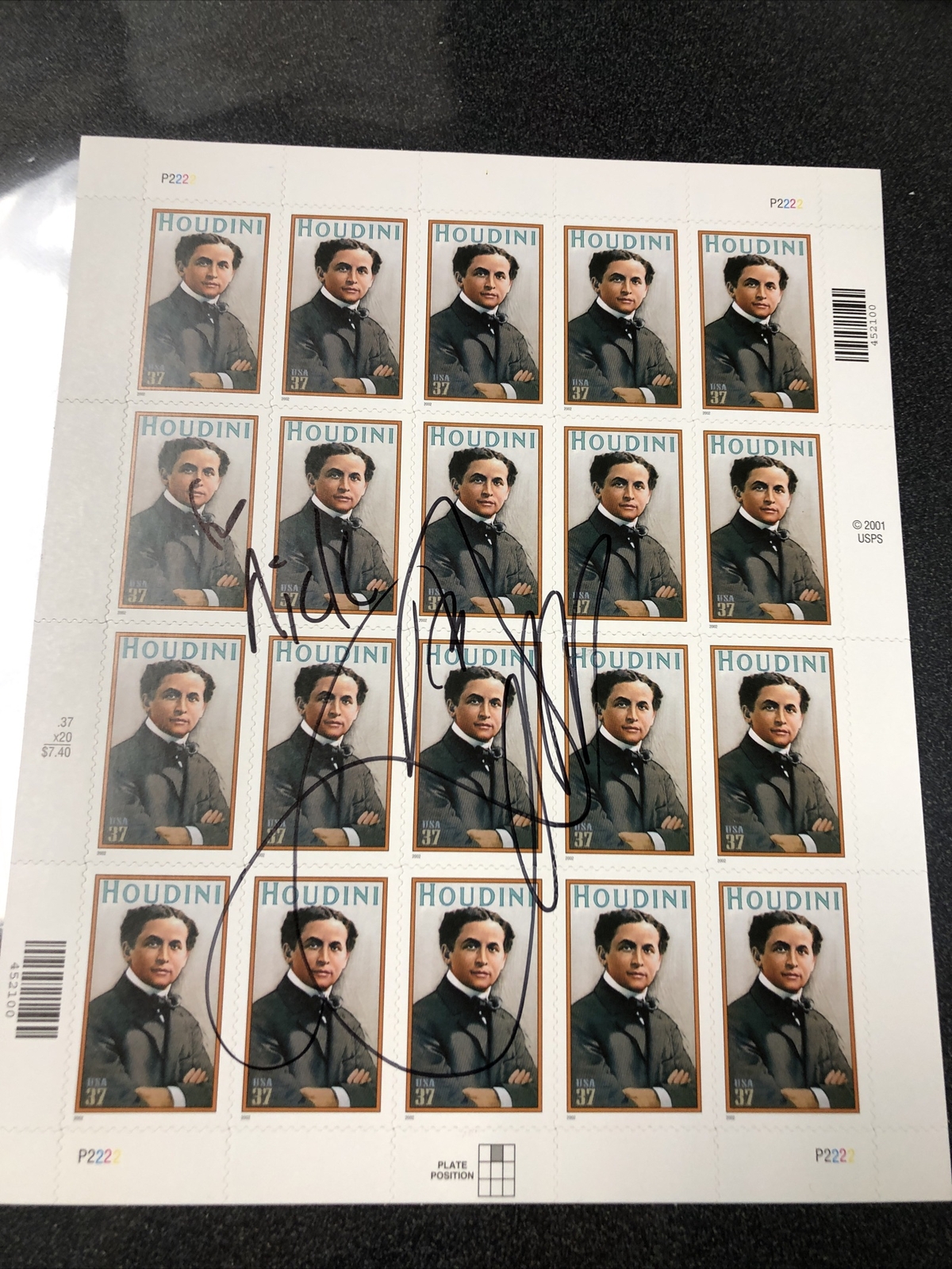Sheet Of 20 “ HOUDINI “ 37 Cent Stamps – Signed By David Copperfield