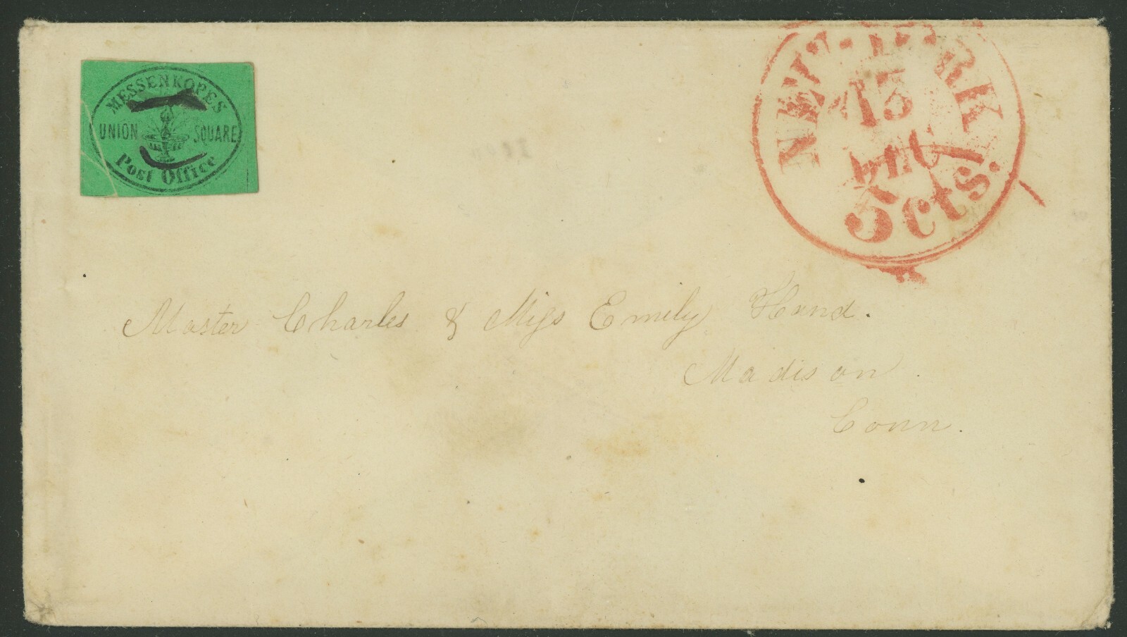 US COVER SCOTT #106L1 MESSENKOPE’S UNION SQUARE POST OFFICE PF-553755