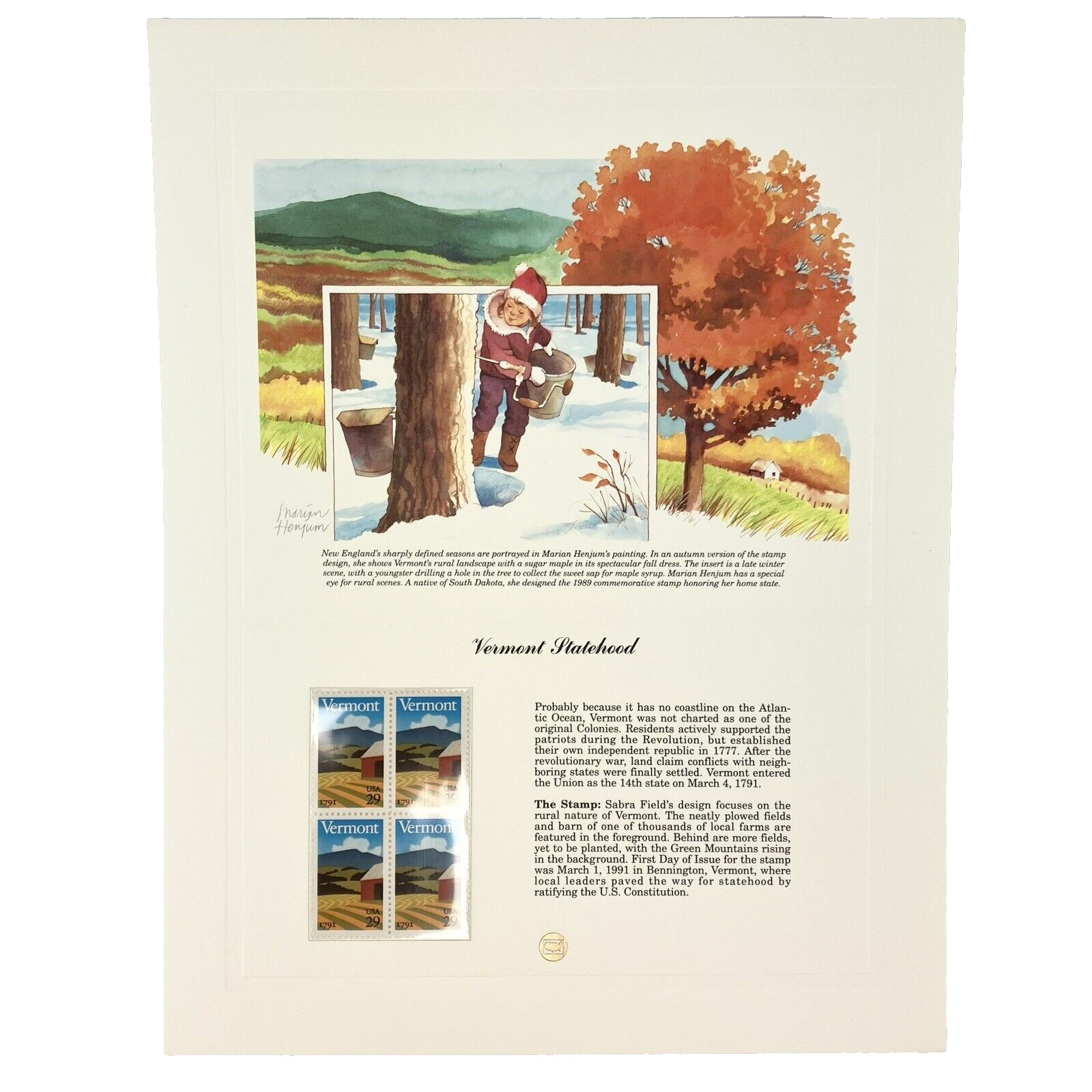 Marian Henjum Vermont Statehood Postage Stamp Art USPS Farmable Gift 1991