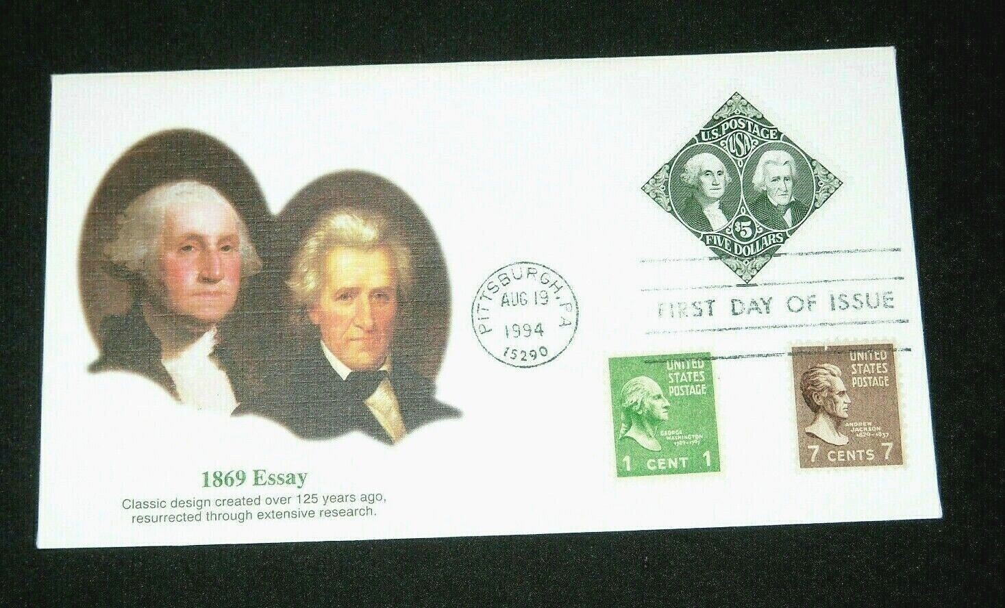 1869 ESSAY – 1994 $5 FIRST DAY OF ISSUE (Pittsburgh, PA Postmark)