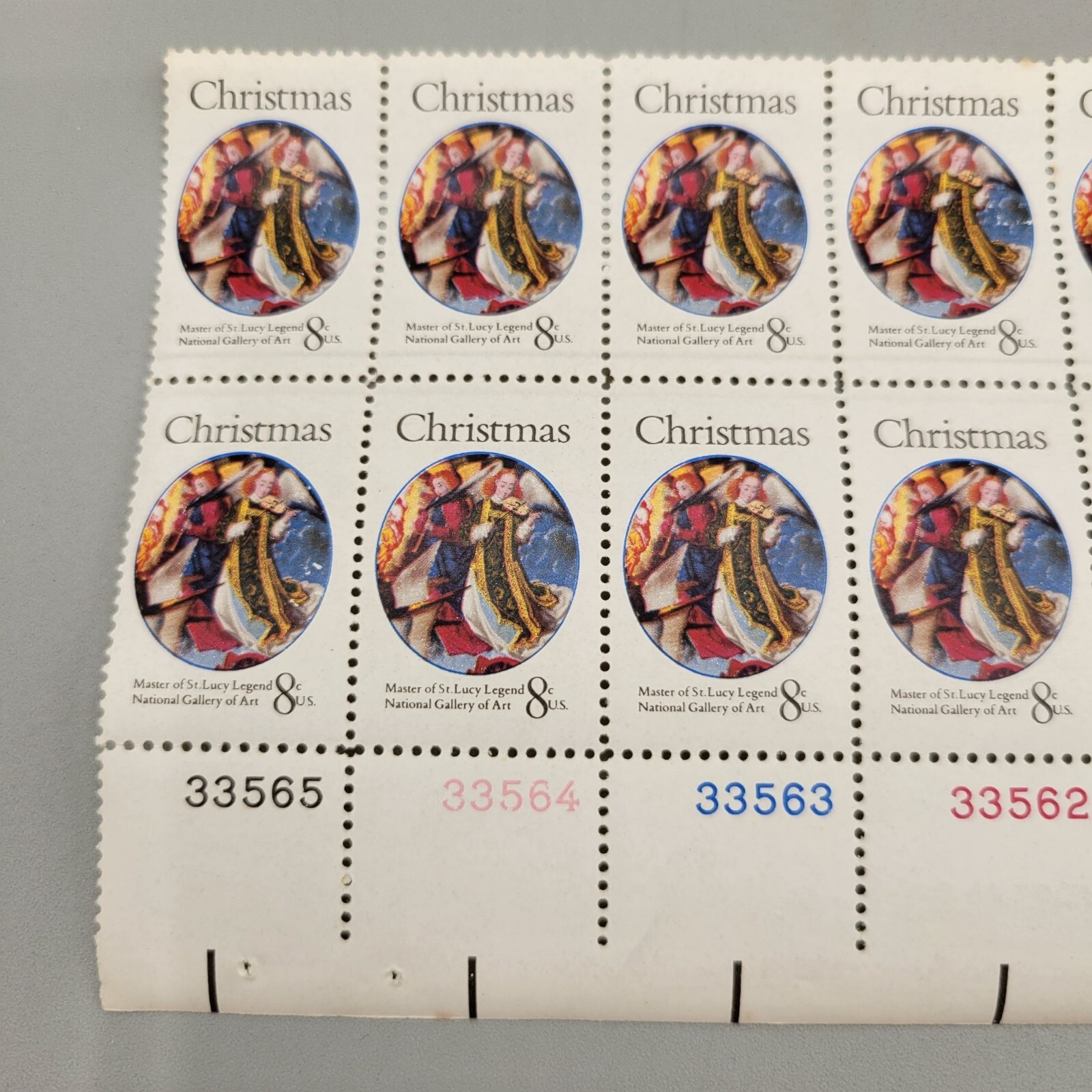 1970s USPS Christmas Master of St Lucy Legend Pane of 12 8 Cent Stamps