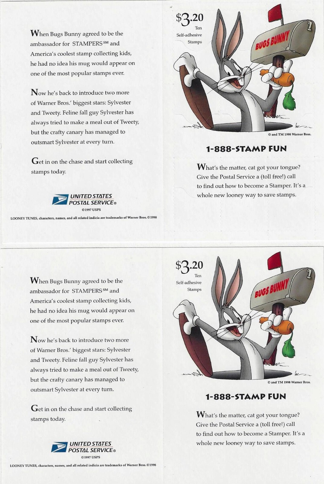Sylvester Tweety Die-Cut Error on 10th Stamp uncut 3205 Warner Bros 32c MNH