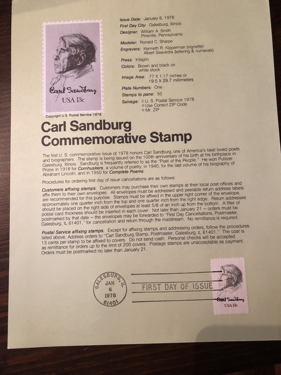 Carl Sandburg Commemorative Stamp $.13 First Day of issue January 6, 1978
