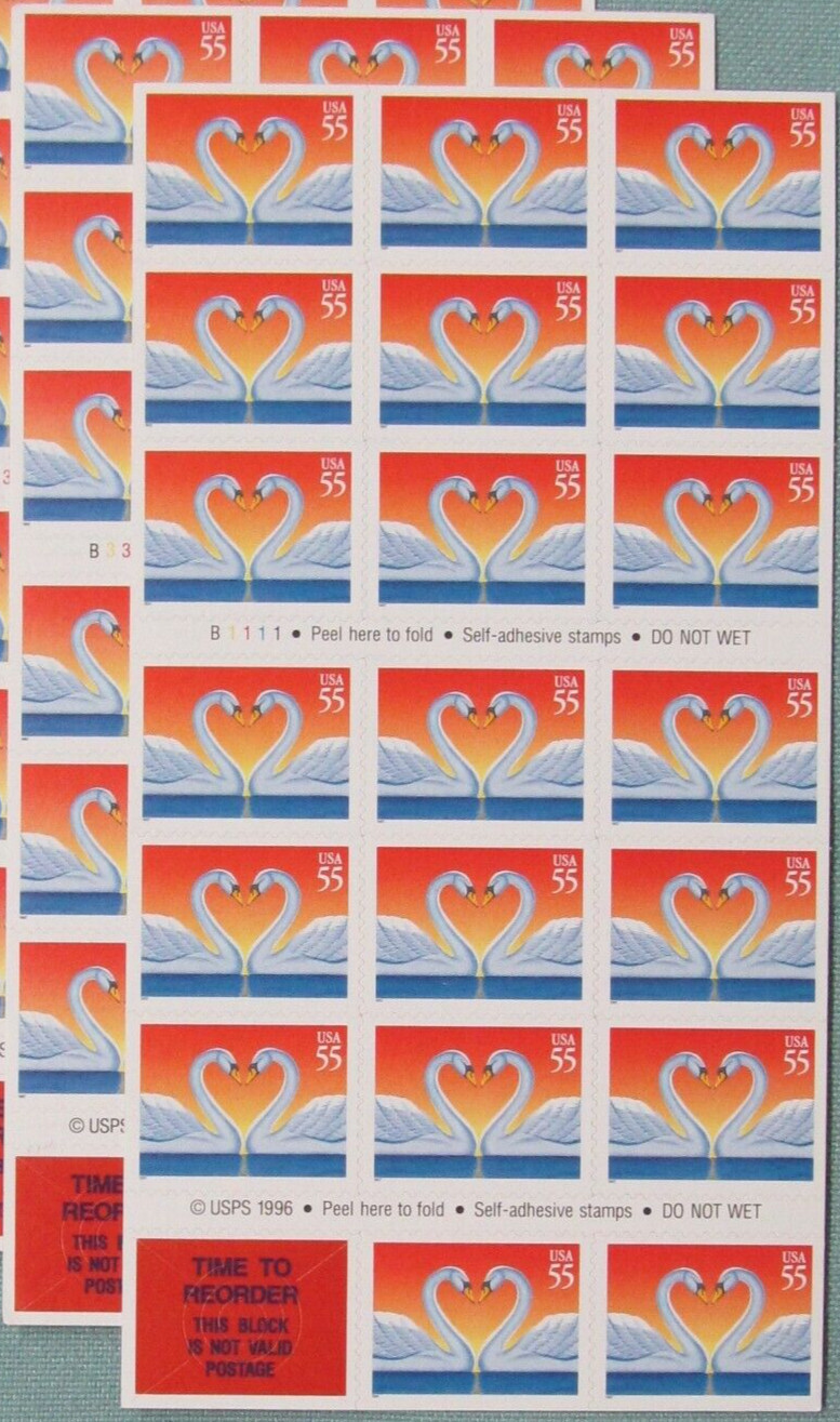 Two Panes / Sheets x 20 = 40 of Love SWANS 55¢ US Postage Stamps. USA Sc # 3124