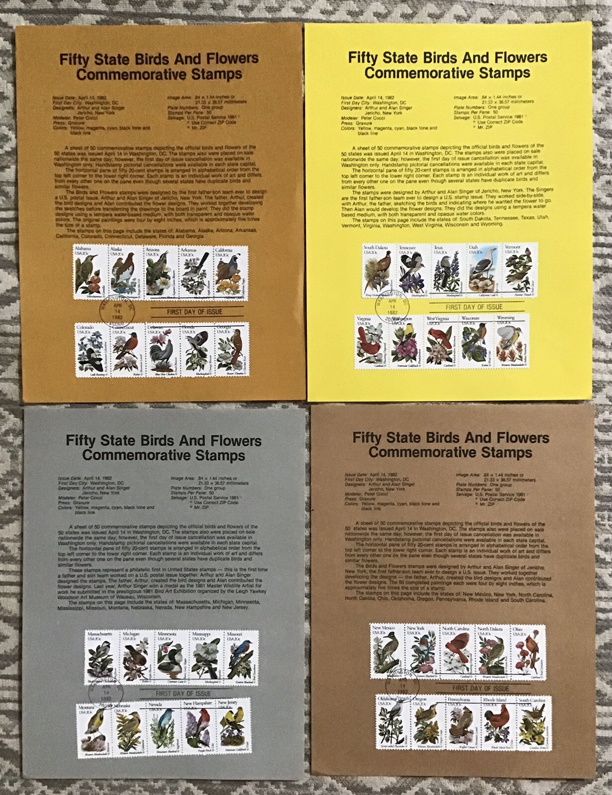 Lot OF 4 US First Day Card Commemorative Stamps (Fifty State Birds & Flowers)