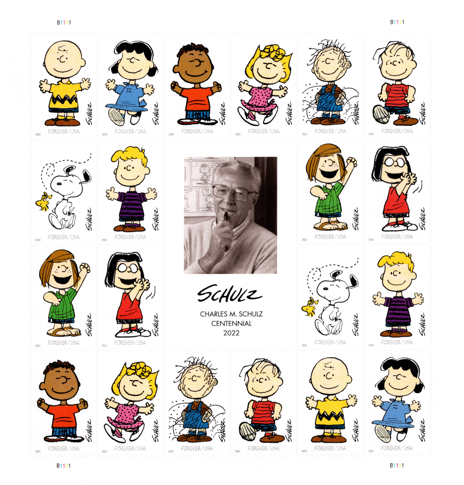 USA 2022 CHARLES M. SCHULZ CENTENNIAL, PEANUTS, 20 STAMPS FOREVER, SC 5726a MNH