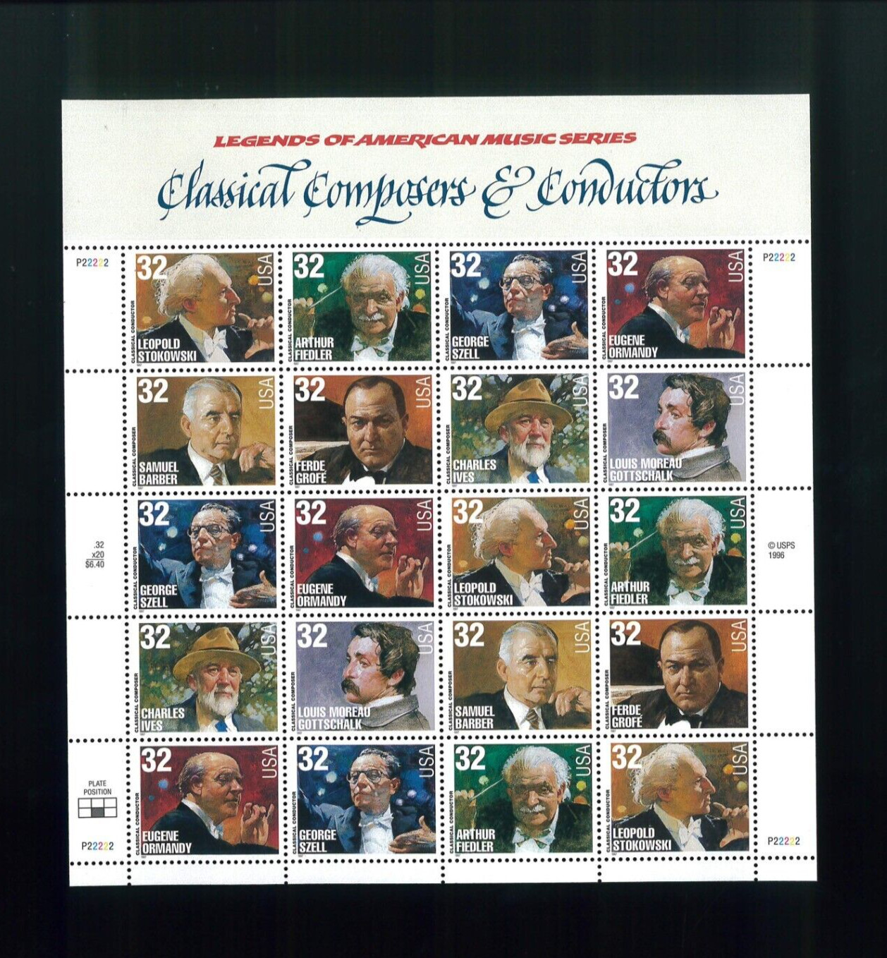 United States 32¢ Conductors and Composers Postage Stamp #3158-65 MNH Full Sheet