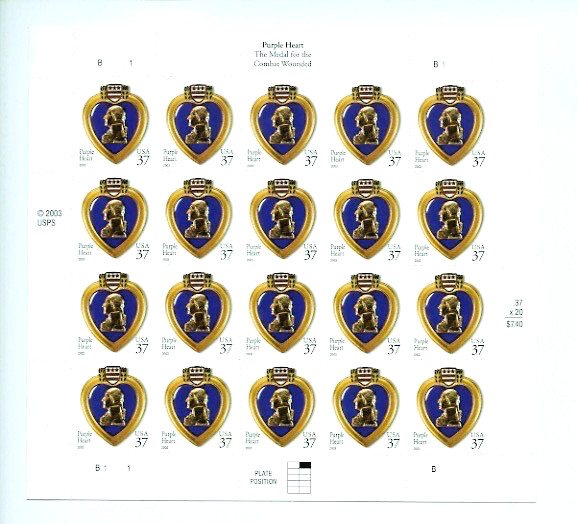 USPS Purple Heart, 2003 Perfect, Full Mint Sheet of 20 Stamps, Scott # 4264, MNH