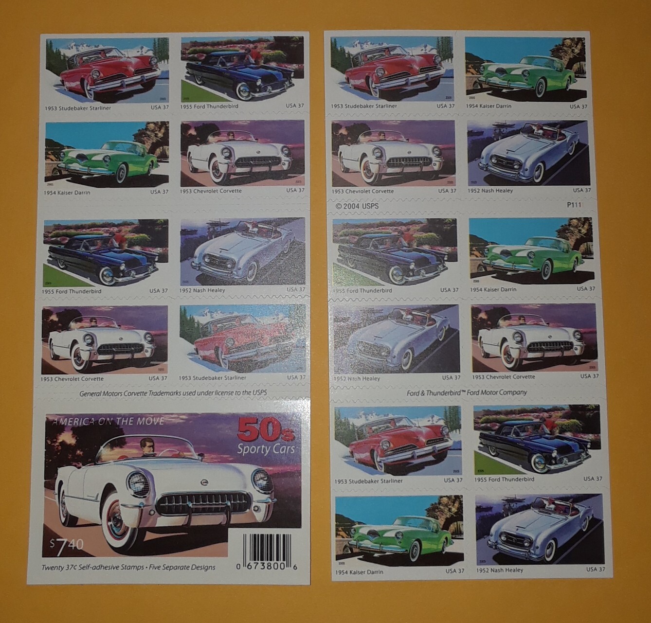 TWO (2) Booklets x 20 = 40 of 50’s SPORTY CARS 37¢ US Postage Stamp Sc 3931-3935