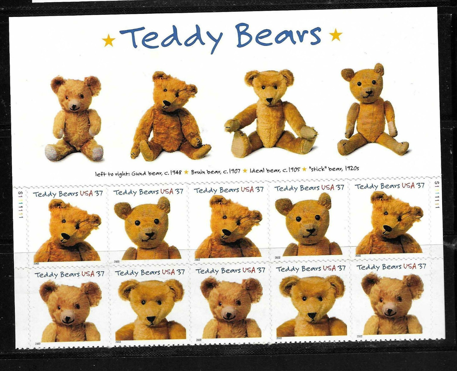 USA SC # 3656a Teddy Bears / Plate BLK 10 . MNH
