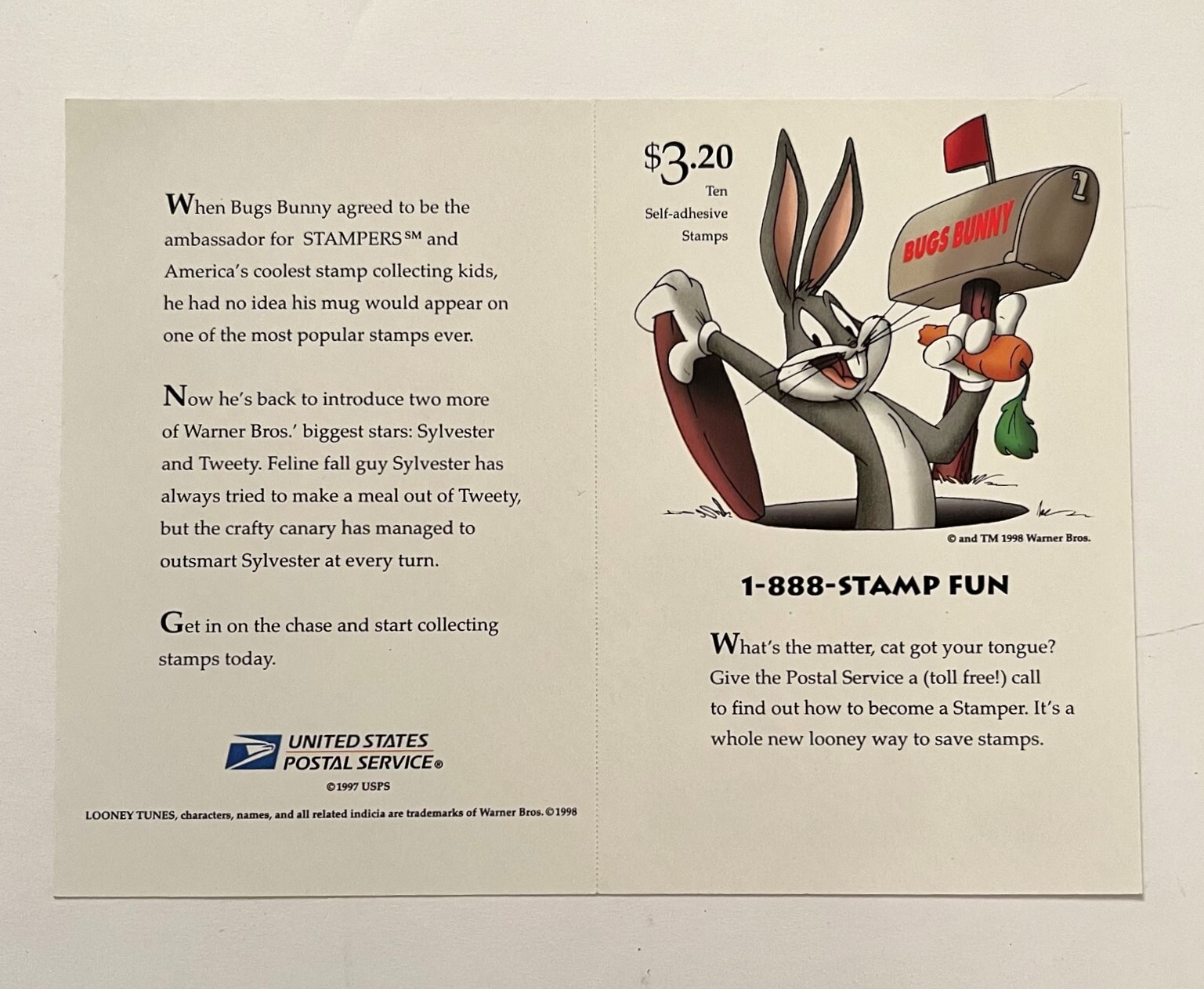 Sylvester Cat Tweety Bird Looney Tunes US Stamps 1998 Pane of 10