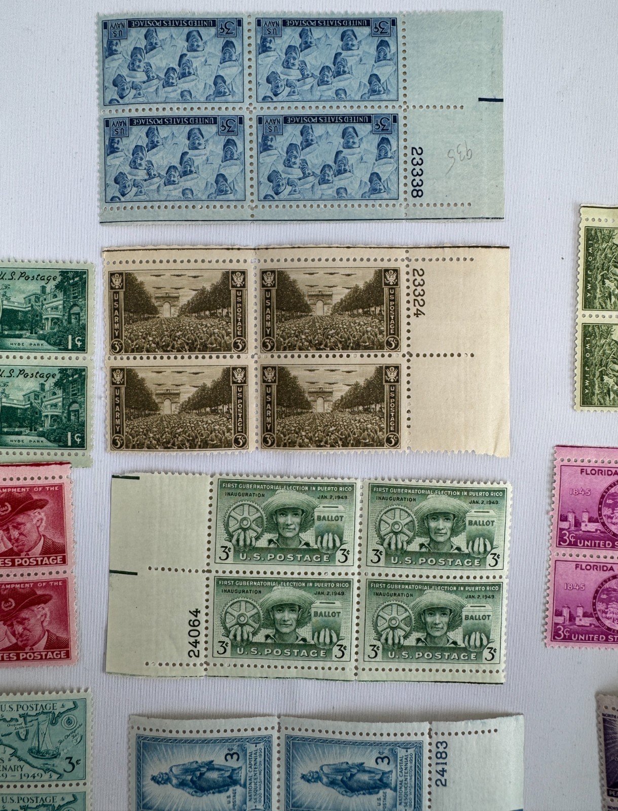 13 Different US Commemorative Plate Blocks of 4 1945–1952 American History