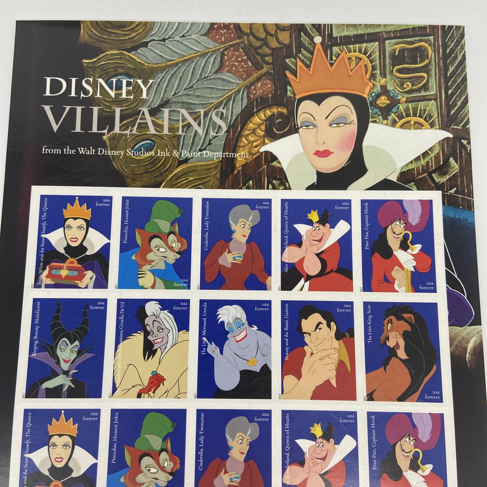 USPS Disney Villains Full Panel of 20 Stamps (1 Sheet) Ursula Scar Snow White
