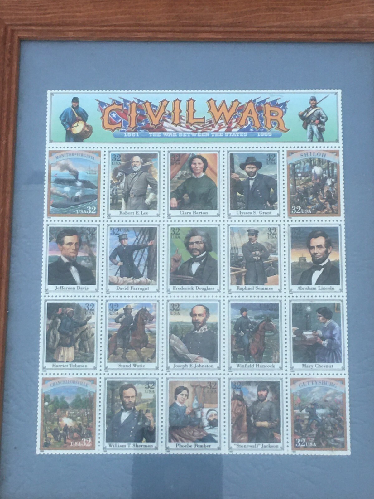 1994 USPS Civil War Full Sheet of 20 Stamps in frame