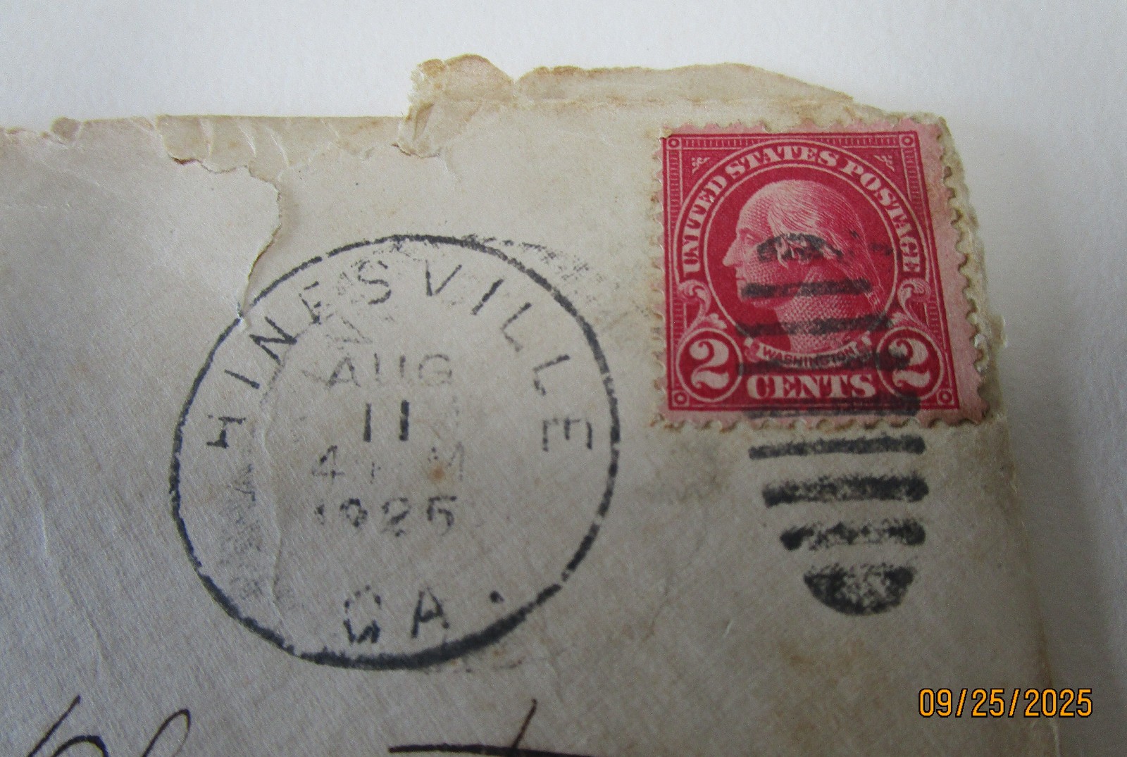 WASHINGTON 2 CENT STAMP ENVELOPE POSTMARKED 1925 AUG 11 STAMP EPHEMERA