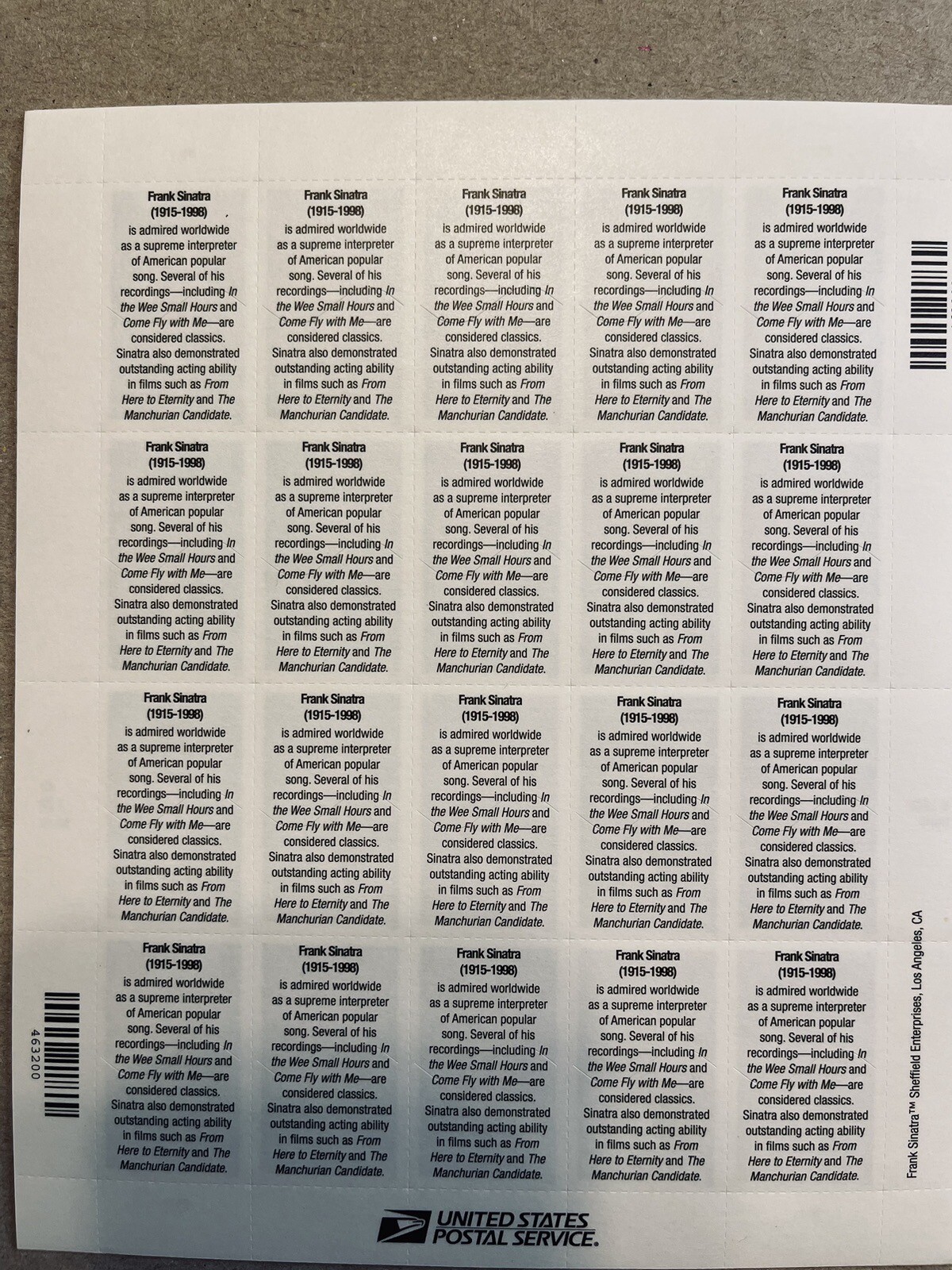 US SCOTT 4265 SHEET OF 20 FRANK SINATRA STAMPS 42 CENTS FACE MNH