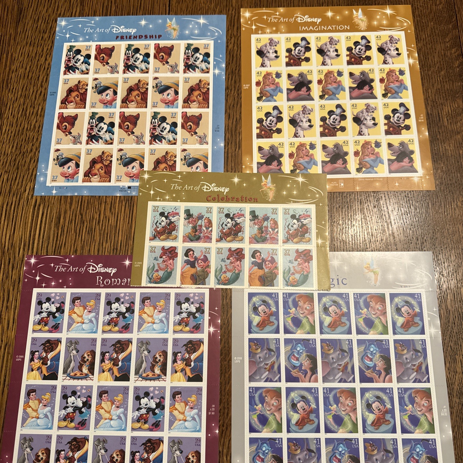 THE ART OF DISNEY Set of 4 different full Sheets of 20 US Stamps 2004-08