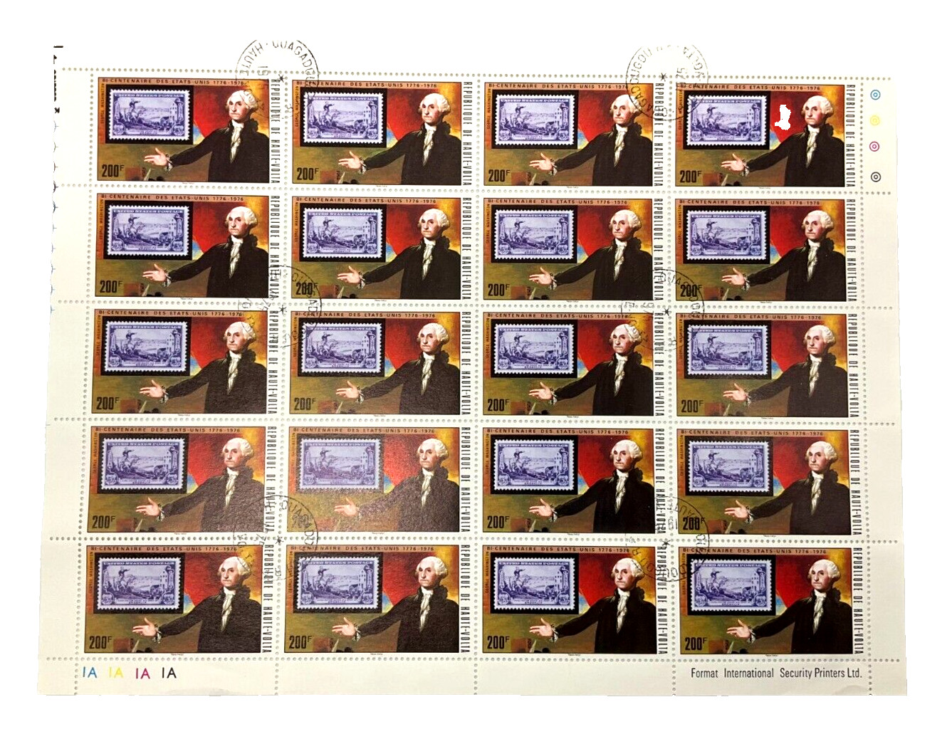 1970s US Bi-Centennial Haute-Volta (Upper Volta), sheet of 20 cancelled stamps