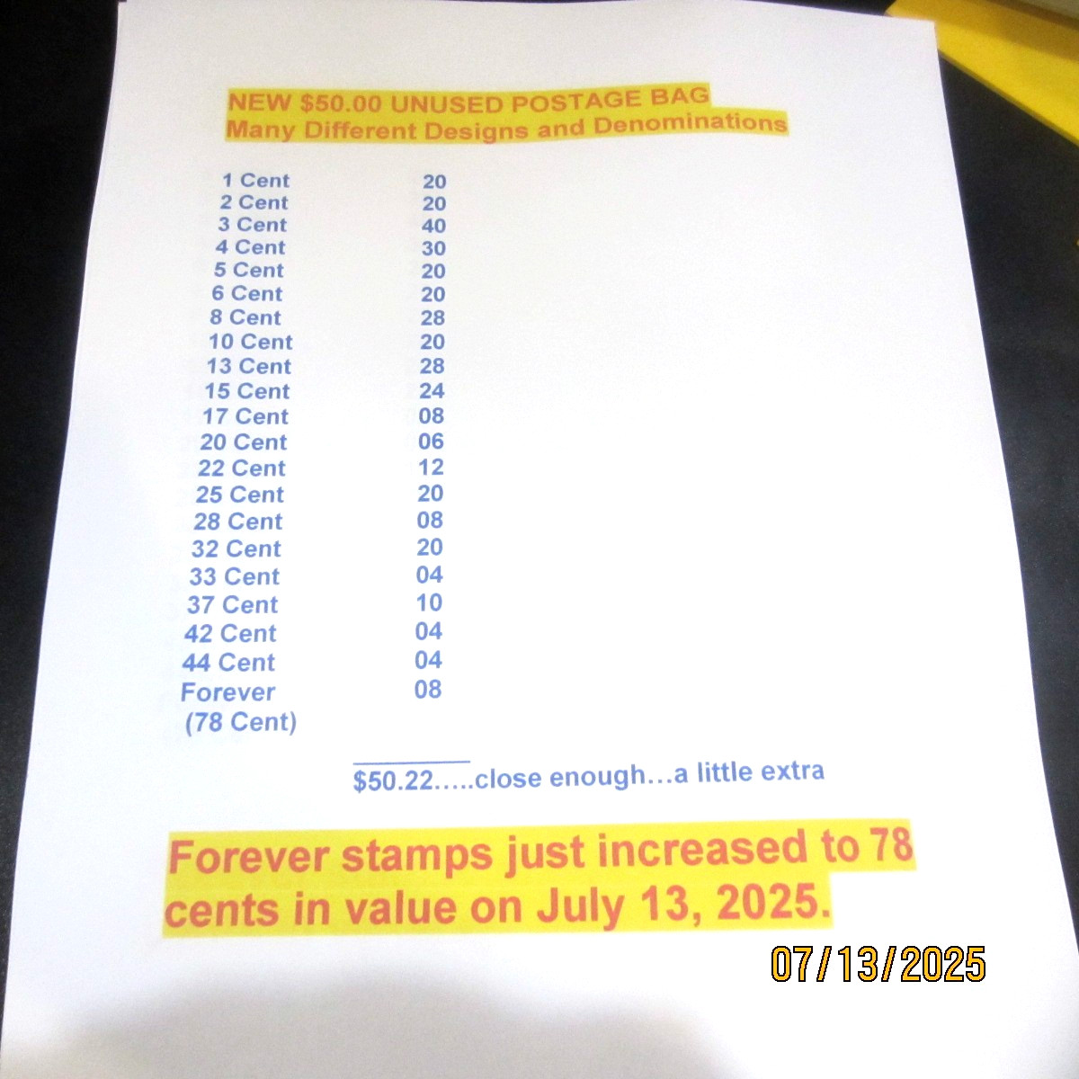 $50.00 Face Value Postage Bag * 1-78 Cent In Denominations * Great Mix * Stk F