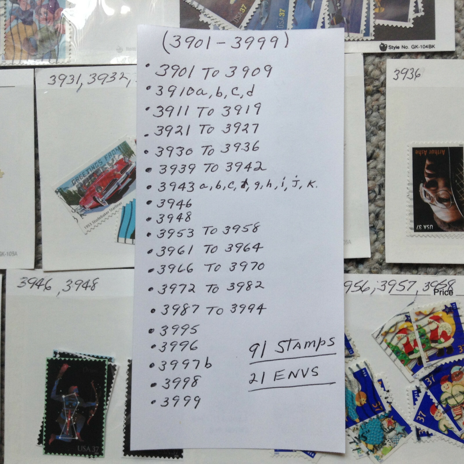 United States Stamps in 21 Envelopes W/91 Stamps Scott #3901 to 3999 ” SEE LIST”