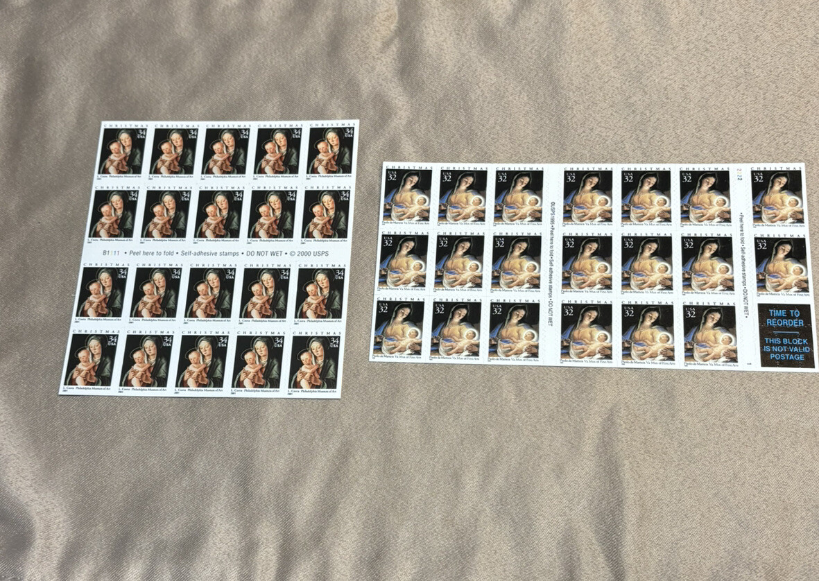 USPS Vintage Christmas 20×2 – .32 & 34¢ Madonna & Child Postage Total 40 Stamps