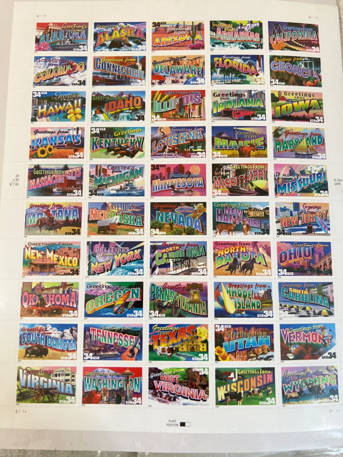 Greetings from America 34 cent stamps US States Unhinged (Rare Stamps)