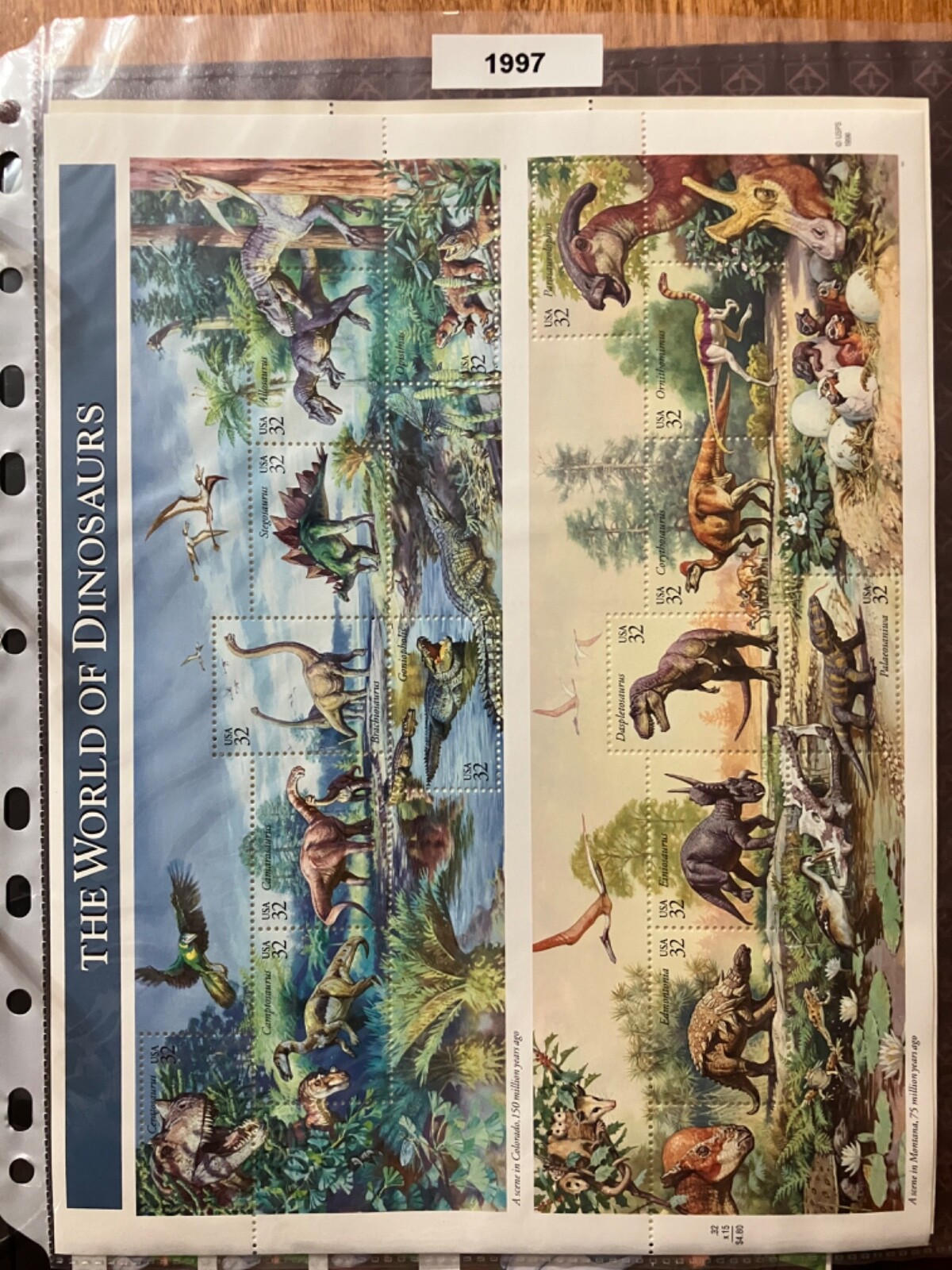 us postage stamp sheet mint WORLD OF DINOSAURS. SCOTT # 3136