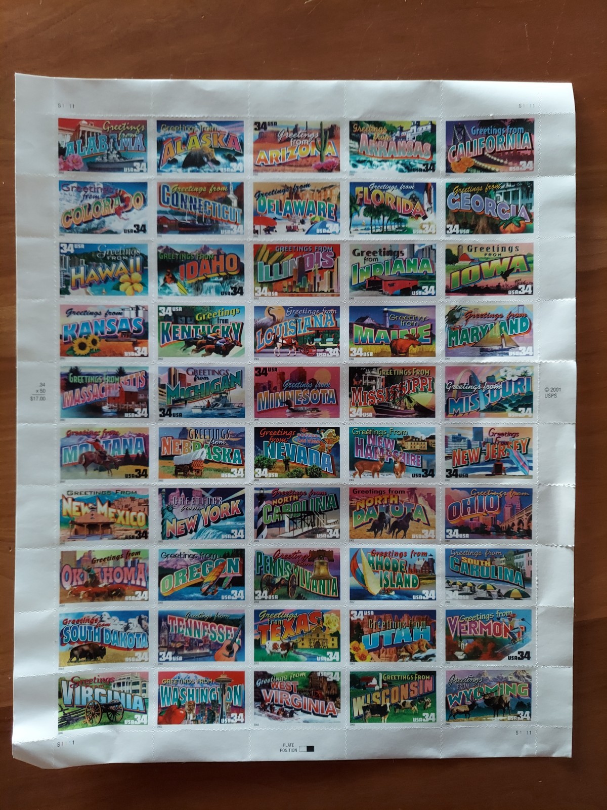 GREETINGS FROM AMERICA – 1st Class USPS Stamps; SHEET of 50; 34cents, MINT, NH