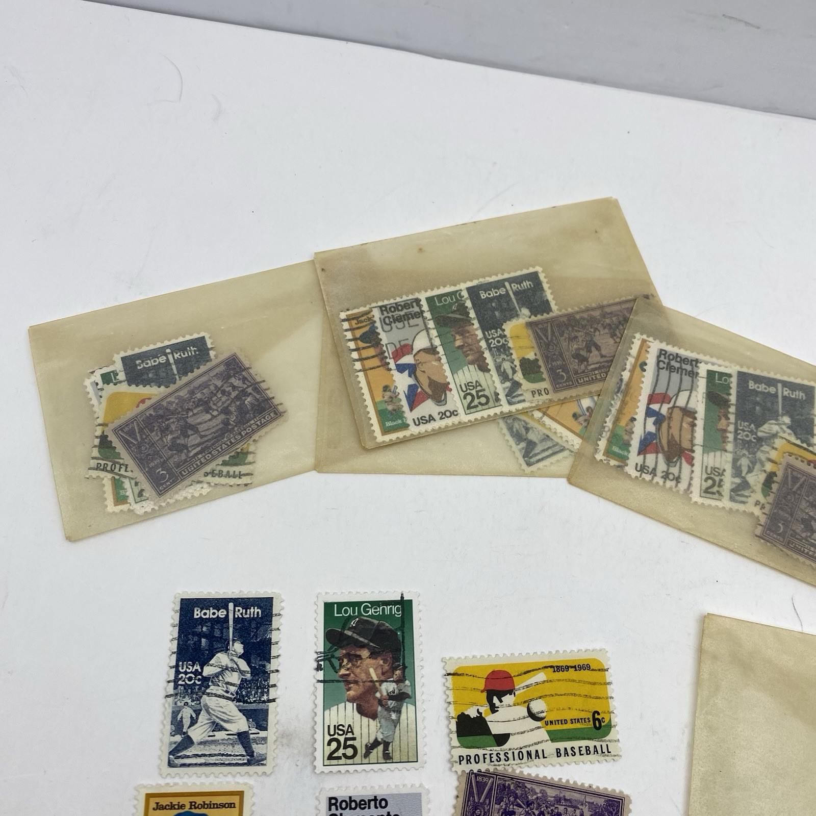 7 Lots Of 6 Vintage Baseball Stamps.Babe Ruth, J. Robinson, Clemente, Gehrig SEE