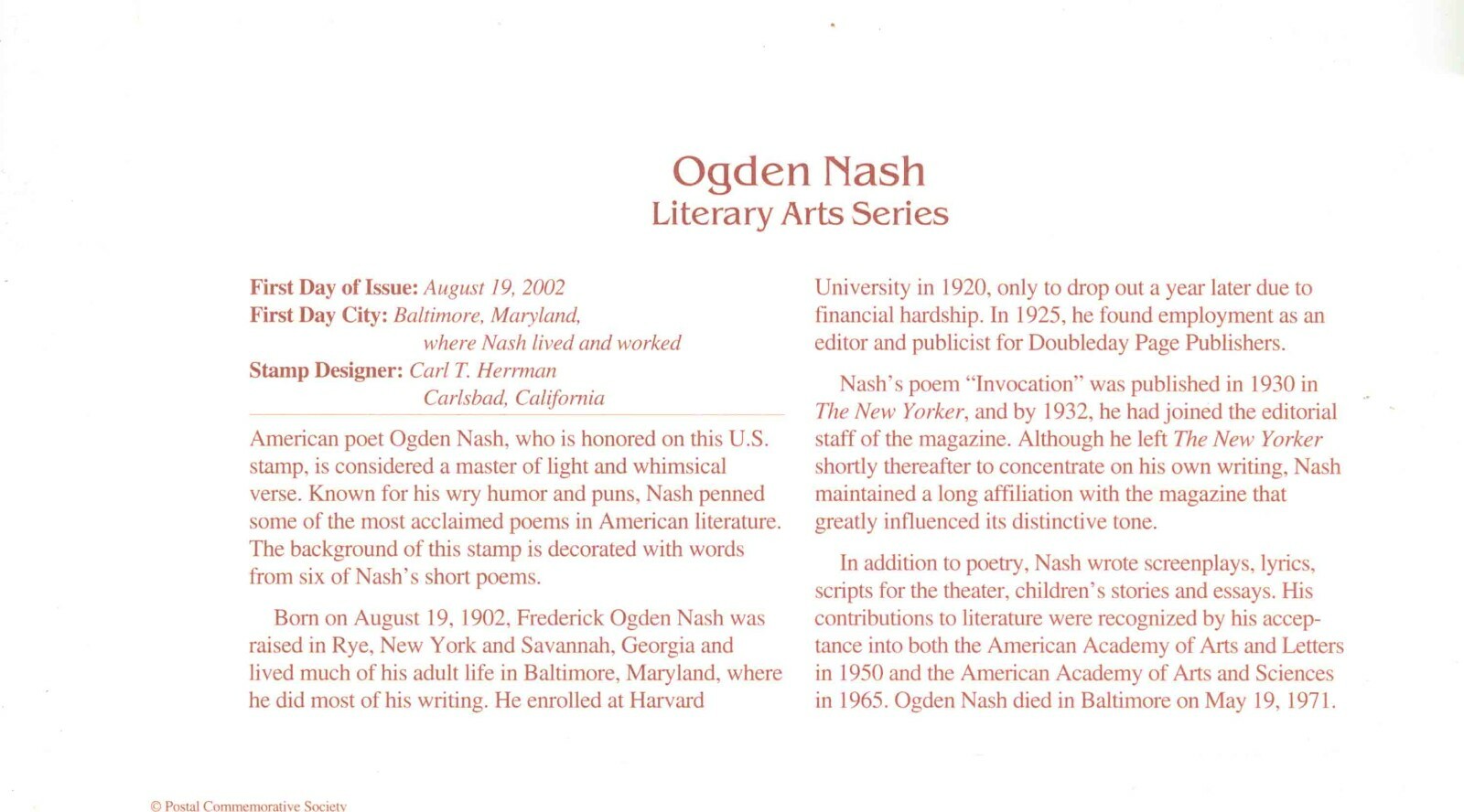 First Day Of Issue Aug 19 2002 Baltimore MD 22kt Gold Replica Ogden Nash
