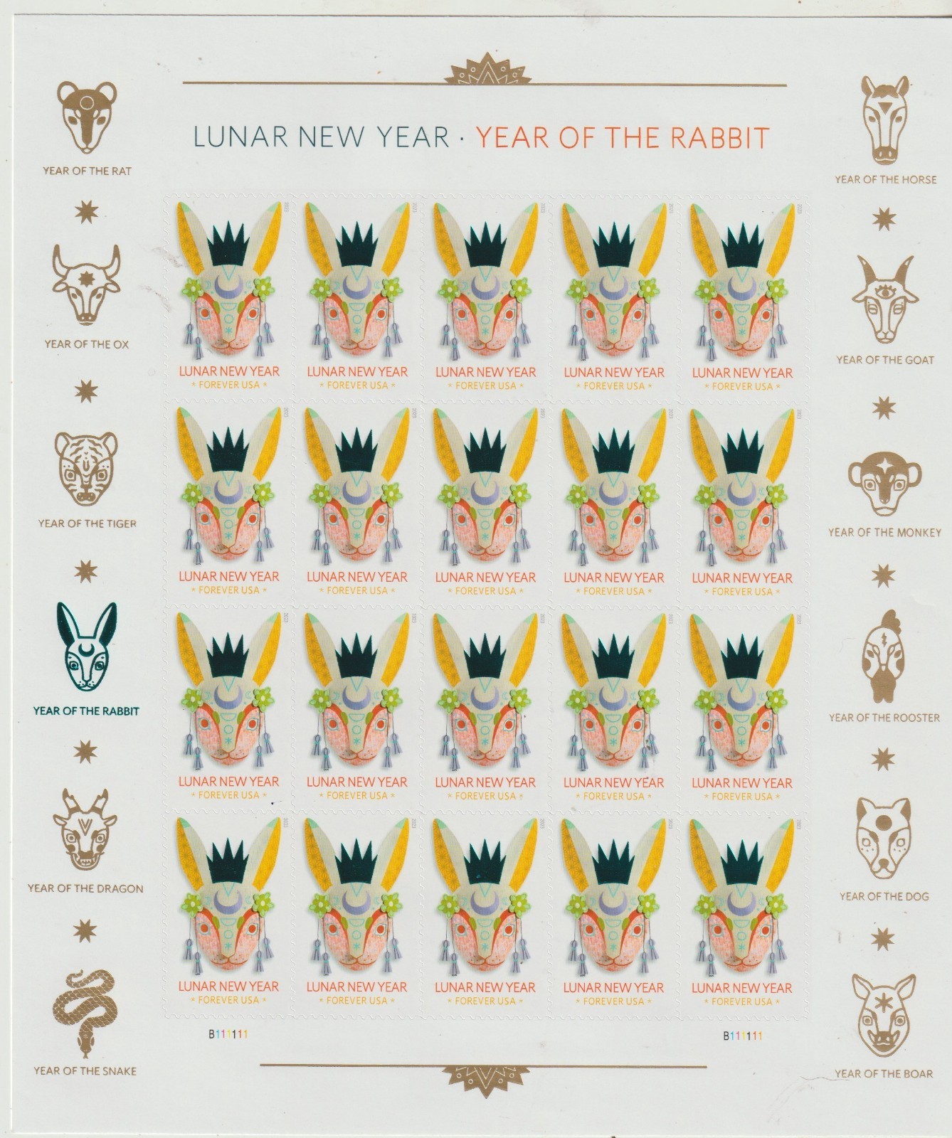 USPS SHEET OF 20 LUNAR NEW YEAR OF THE RABBIT STAMPS Sent from OKC, OK