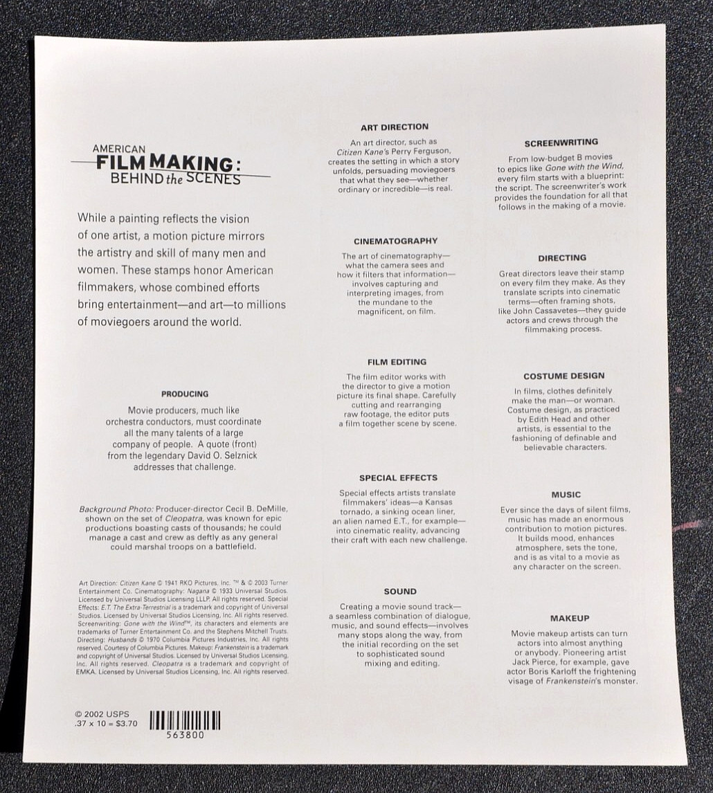 US American Filmmaking Behind The Scenes Full Sheet 10, 37¢, #3772, MNH FV $3.70