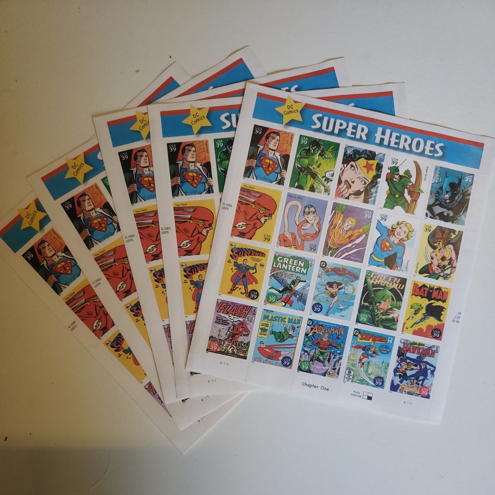 5 Sheets of SUPER HEROES 39¢ x20 stamps dc 100 stamps