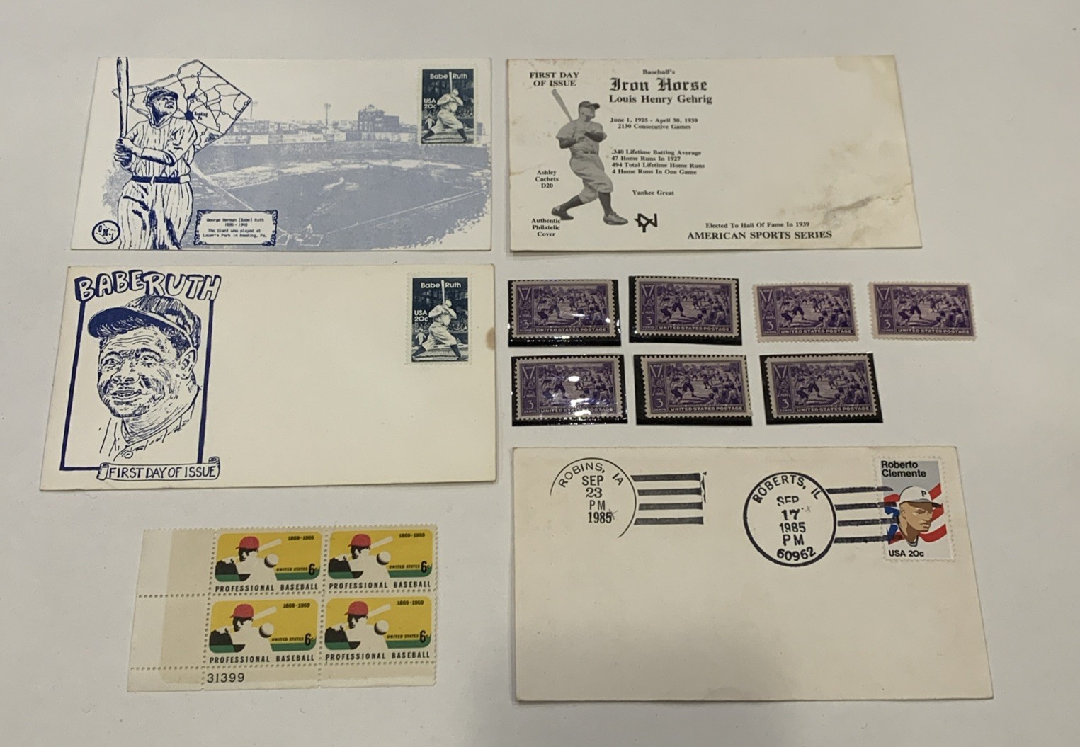 Lot of MLB Baseball Themed Postage Stamps Babe Ruth Roberto Clemente 1st Day…