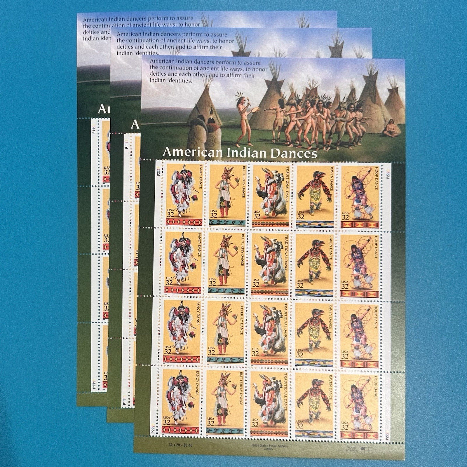 American Indian Dances 32¢ Three Sheets Of US Postage Stamps # 3072-3076