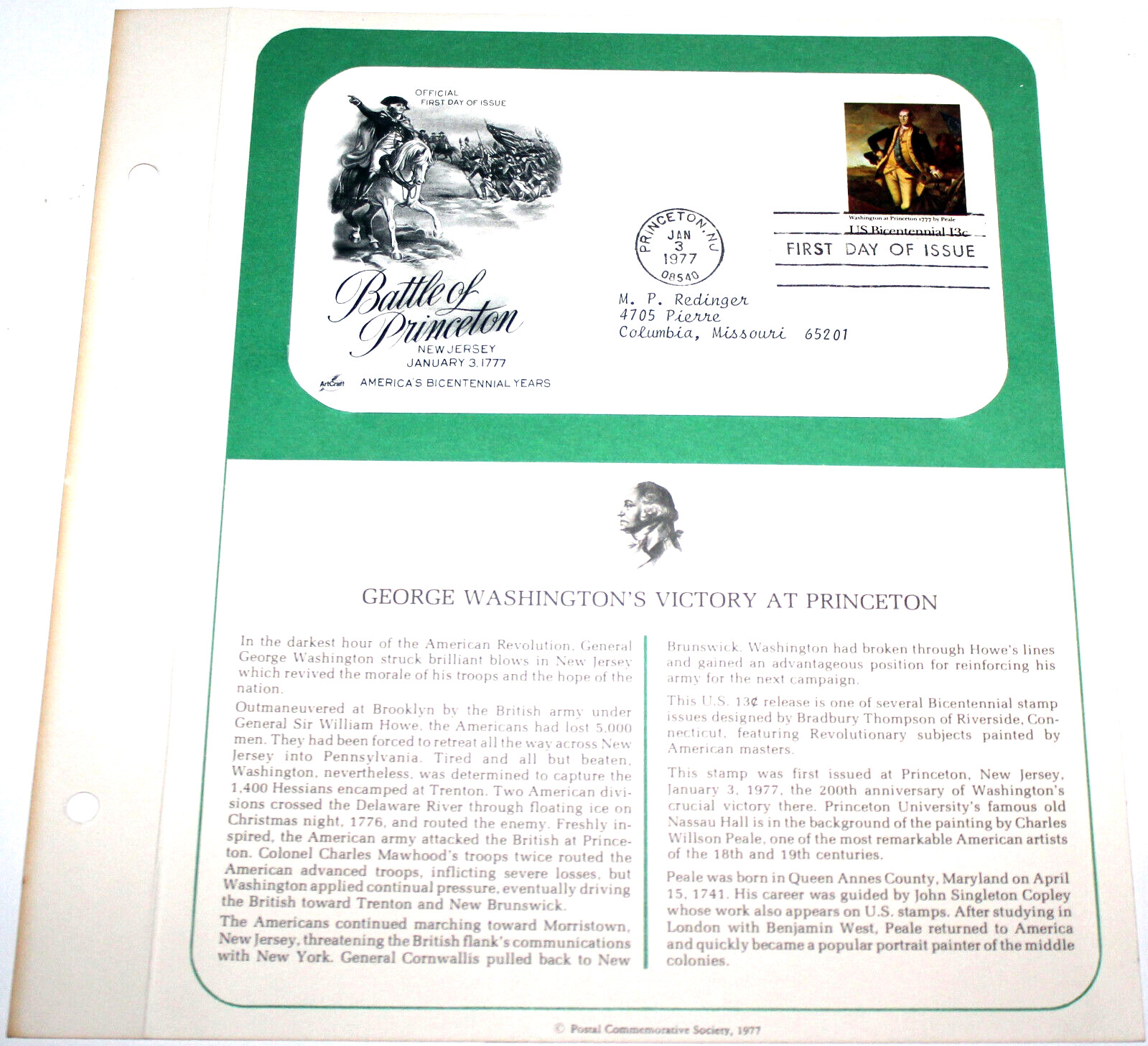 First Day of Issue Souvenir Page Washingtons Victory Princeton 1977 Stamp