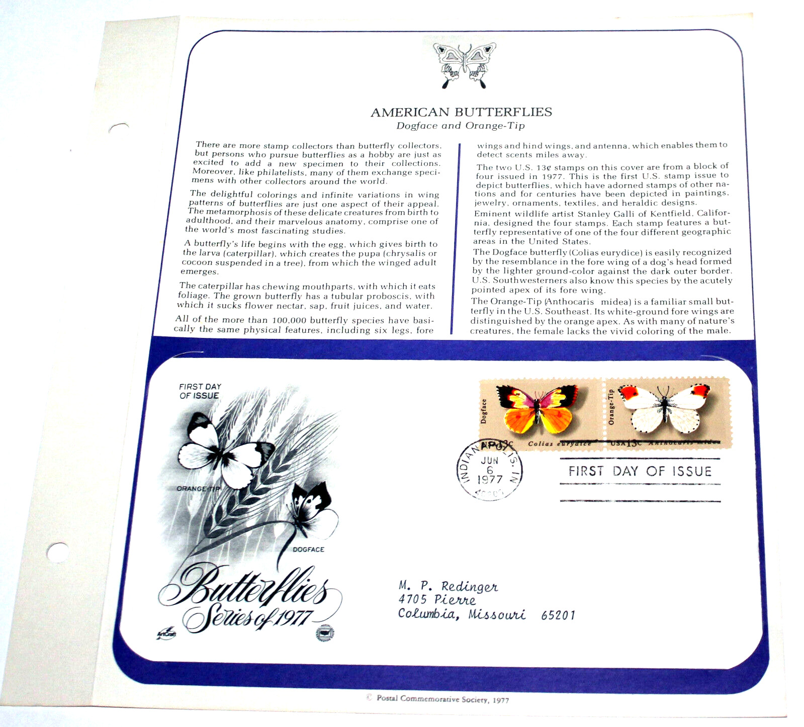 First Day of Issue Souvenir Page Butterflies Dog Face Orange Tip 1977 Stamp