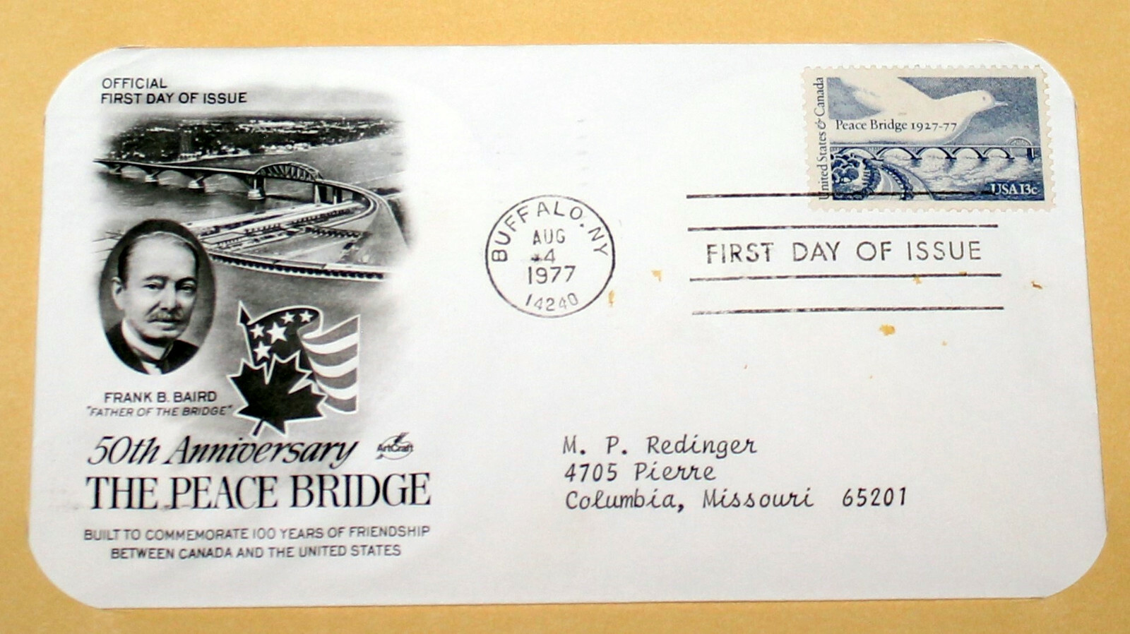 First Day of Issue Souvenir Page US Canada Peace Bridge 1977 Stamp
