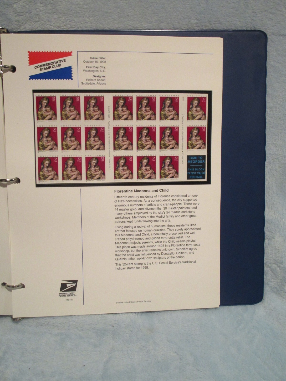 Commemorative Stamp Club Florentine Madonna and Child, 20 Stamps 32 Cents, 9815