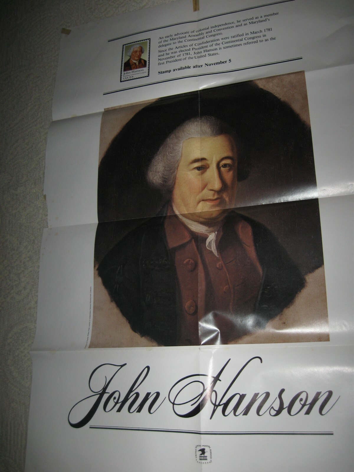 U S Stamp POSTER, Scott #1941,”JOHN HANSON”,20 Cent, 1981, 24″ x 36″, ORIGINAL