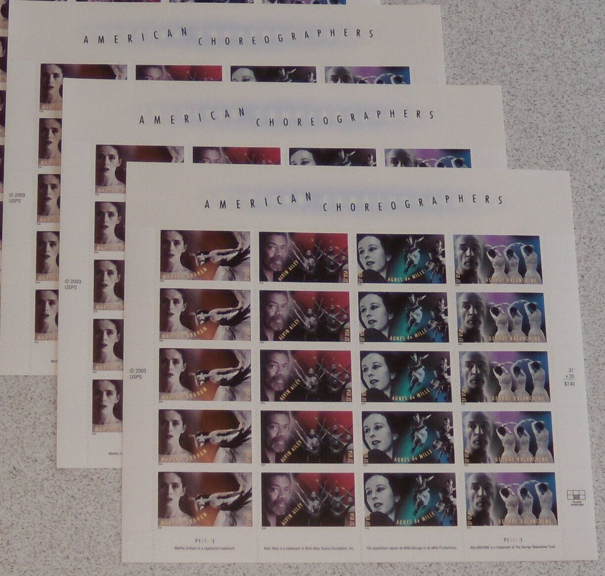 Three x 20 of AMERICAN CHOREOGRAPHERS 37¢ US Postage Stamps USA Scott 3840-3843