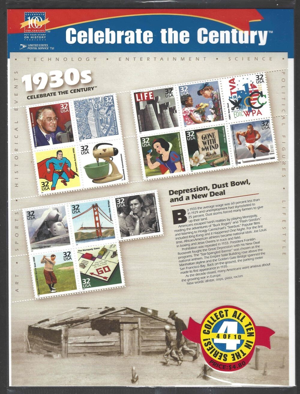 US Scott #3182-3191 32¢/33¢ Celebrate The Century 1900s-1990s 10 panes 1998-2000